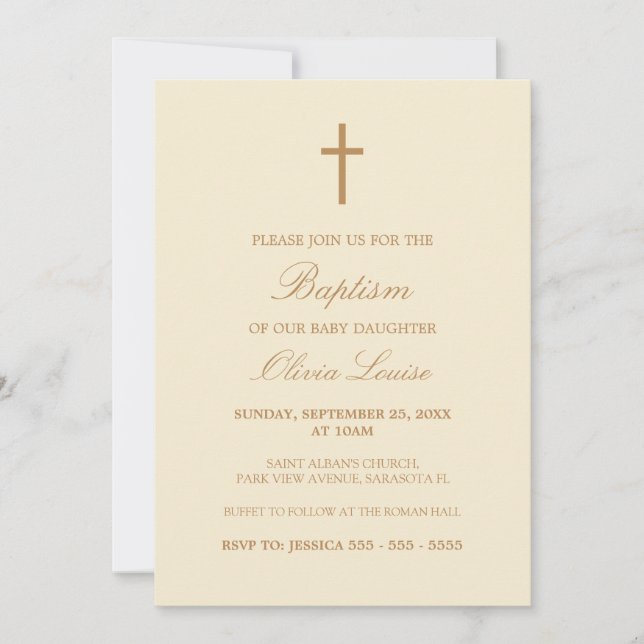 Beige Script Elegant Cream Baptism Invitation (Front)