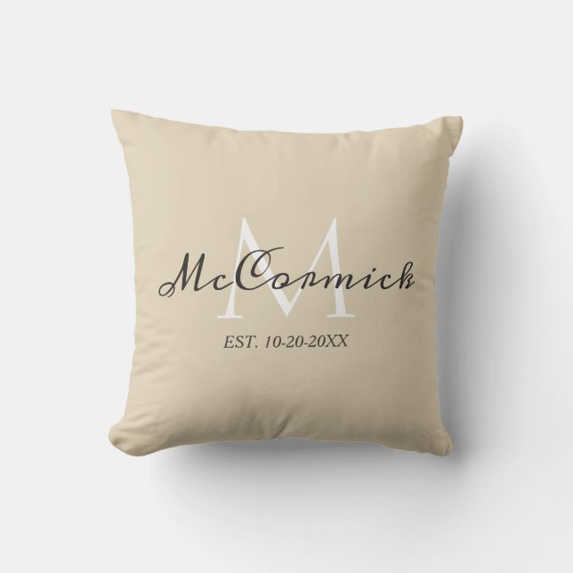 Beige Script Monogram Family Personalized Throw Pillow (Front)