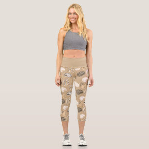 beige sea shells beach ocean capri leggings