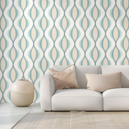 Beige Seafoam Teal Green Ivory Ogee Wave Pattern Wallpaper