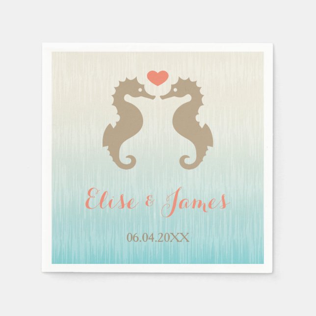 Beige Seahorses In Love And Custom Names Wedding Napkins (Front)