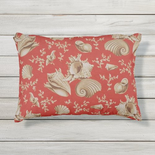 Beige Seashells on Red Outdoor Pillow