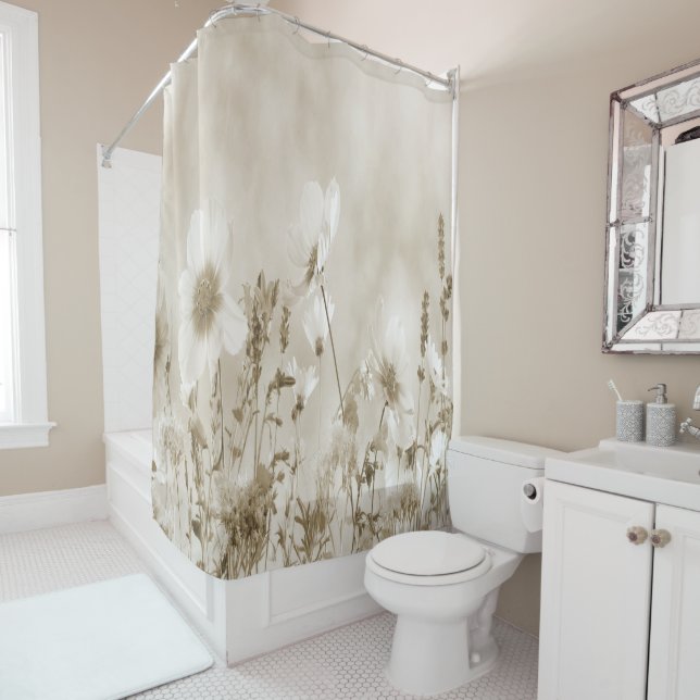 Beige Shaded Wild Flowers Shower Curtain (In Situ)