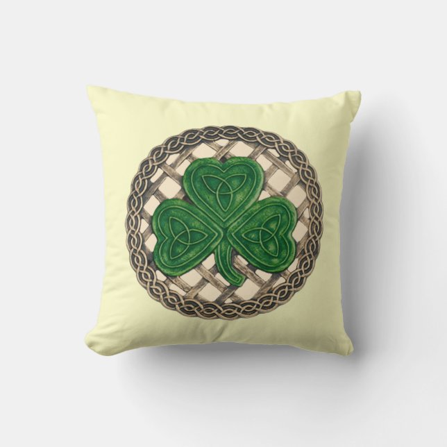 Beige Shamrock And Celtic Knots Reversible Pillow (Front)