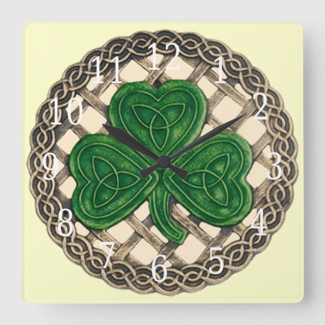 Beige Shamrock And Celtic Knots Square Clock (Front)