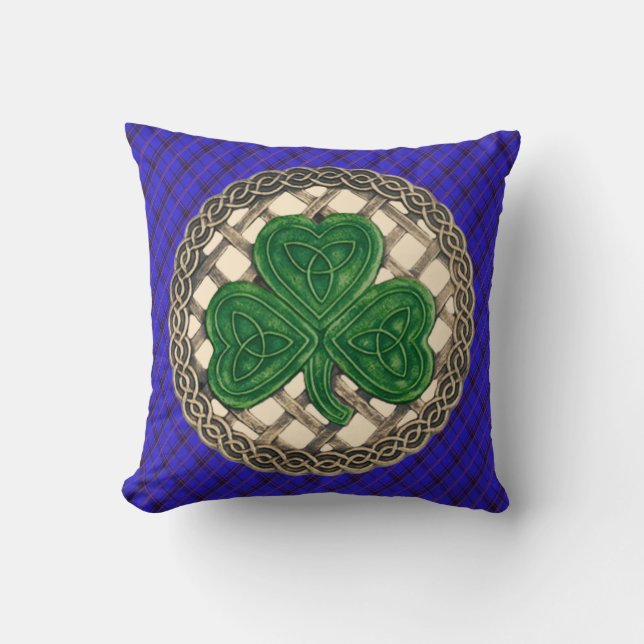 Beige Shamrock Celtic Knots On Blue Plaid Throw Pillow (Front)