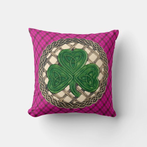 Beige Shamrock Celtic Knots On Pink Plaid Throw Pillow