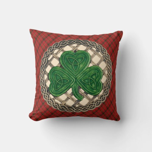 Beige Shamrock Celtic Knots On Red Plaid Throw Pillow