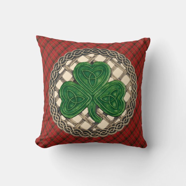 Beige Shamrock Celtic Knots On Red Plaid Throw Pillow (Front)