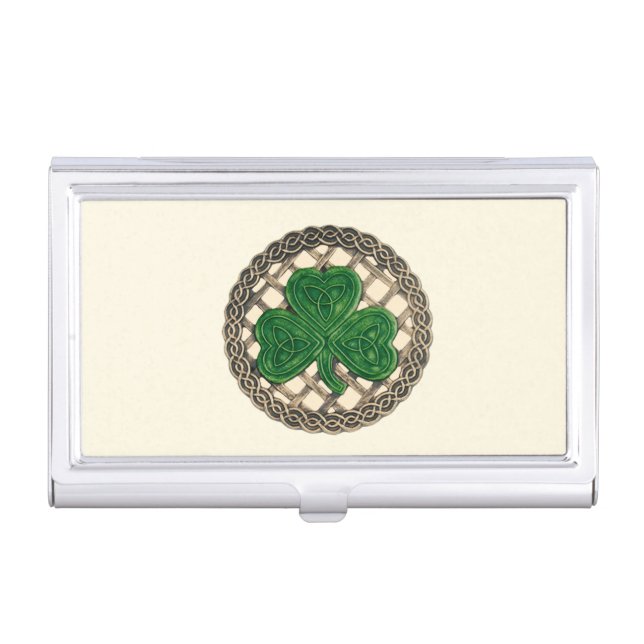 Beige Shamrock On Celtic Knot Business Card Holder (Front)