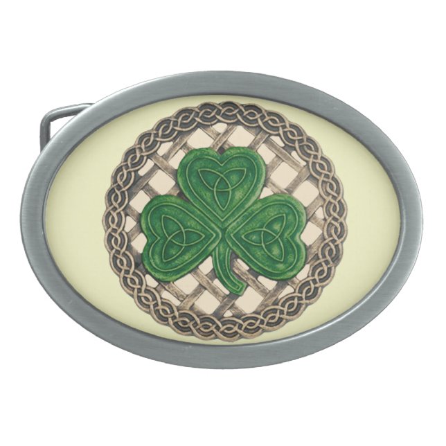 Beige Shamrock On Celtic Knots Belt Buckle (Front)