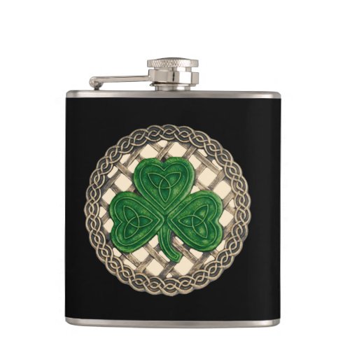 Beige Shamrock On Celtic Knots Flask