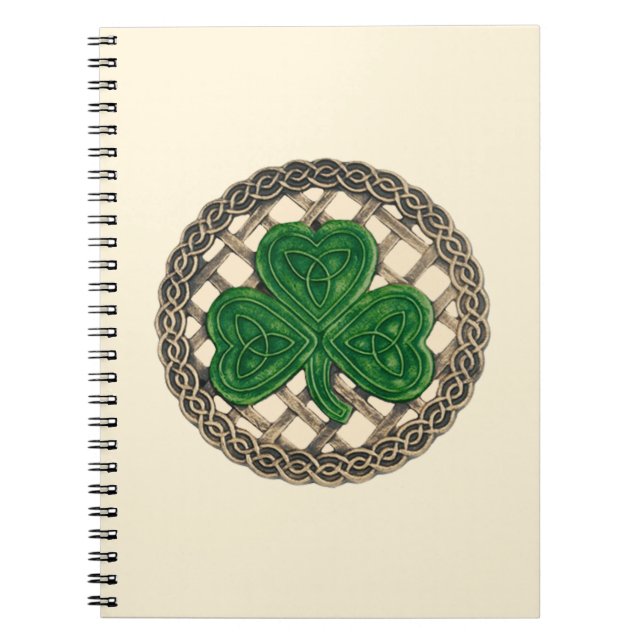 Beige Shamrock On Celtic Knots Spiral Notebook (Front)