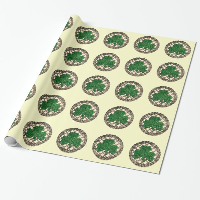 Beige Shamrock On Celtic Knots Wrapping Paper (Unrolled)