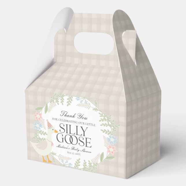 Beige Silly Goose Floral Gingham Baby Shower Favor Boxes (Front)