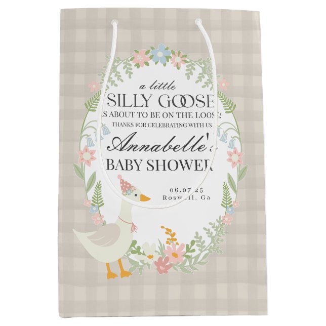 Beige Silly Goose Floral Gingham Baby Shower Favor Medium Gift Bag (Front)