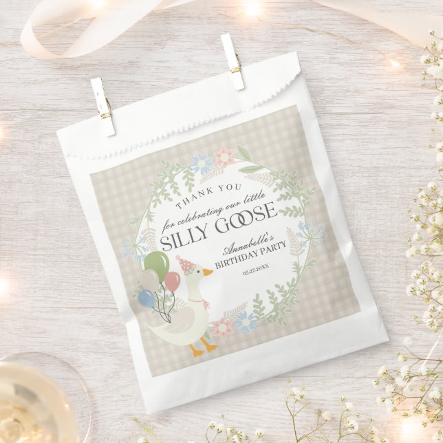 Beige Silly Goose Floral Gingham Birthday Dessert Favor Bag (Clipped)