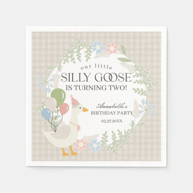 Beige Silly Goose Floral Gingham Birthday Napkins (Front)