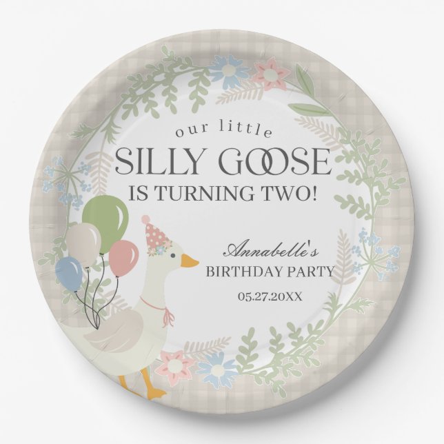 Beige Silly Goose Floral Gingham Birthday Paper Plates (Front)