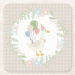 Beige Silly Goose Floral Gingham Paper Square Paper Coaster