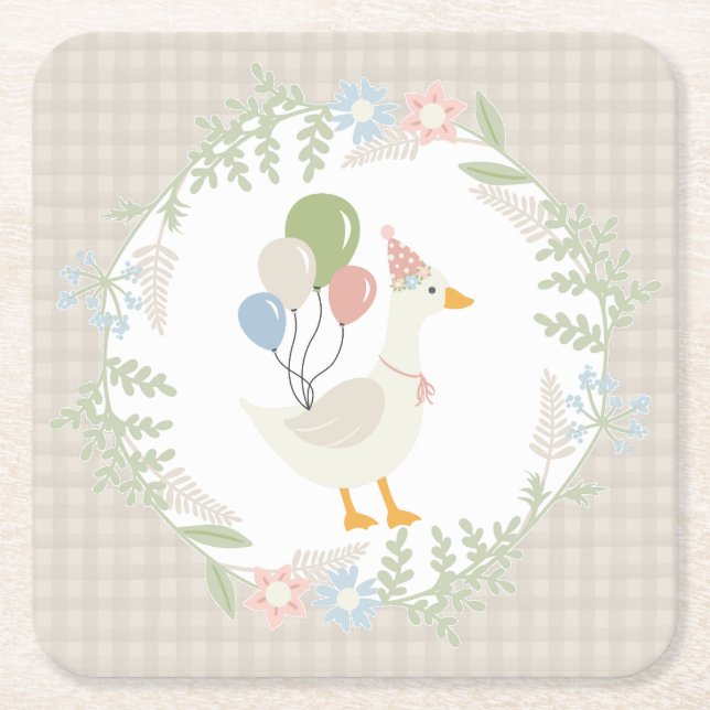 Beige Silly Goose Floral Gingham Paper Square Paper Coaster (Front)