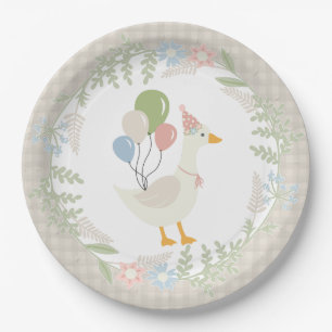 Beige Silly Goose Floral Gingham Party Paper Plates