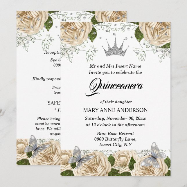 Beige silver tiara butterfly rose quinceanera invitation (Front/Back)