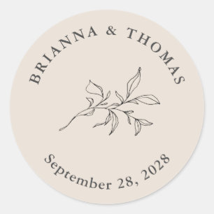 Beige Simple Botanical Wedding Classic Round Sticker