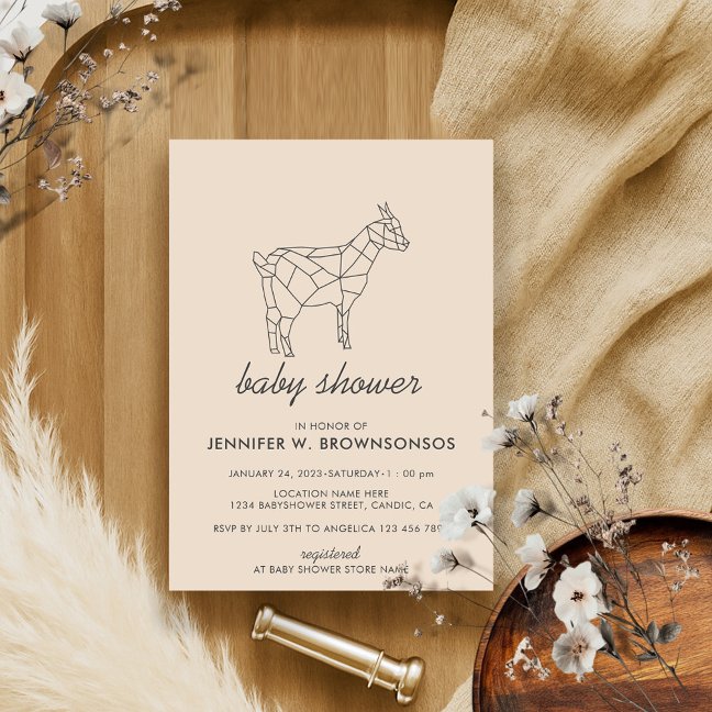 Beige Simple Line Animal Wild Goat Invitation