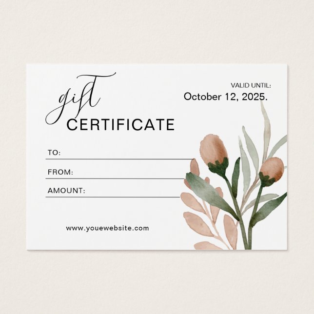 Beige Simple Watercolor Floral Gift Certificate (Front)