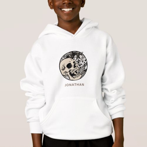 Beige Skull  Tropical Leaf Pattern Boys Name Fun Hoodie