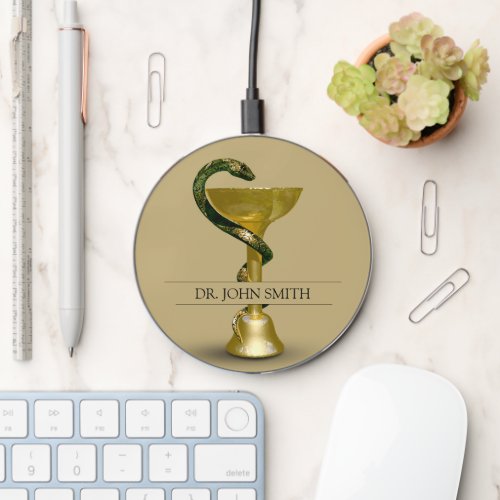 Beige Snake Bowl Hygieia Gold Caduceus Medical Wireless Charger