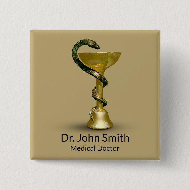 Beige Snake Medical Bowl Hygieia Gold Caduceus Button (Front)
