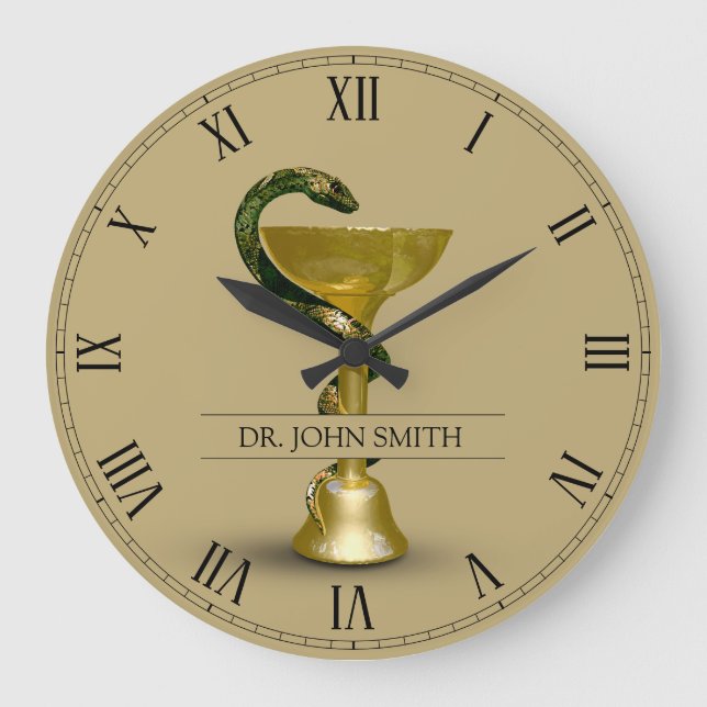 Beige Snake Medical Bowl Hygieia Gold Name Large Clock (Front)