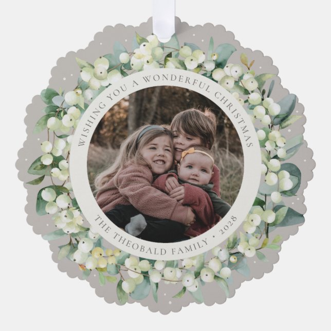 Beige Snowberry+Eucalyptus Christmas Wreath Photo  Ornament Card (Front)