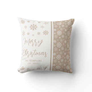 Beige Snowflakes Merry Christmas With Family Name Throw Pillow