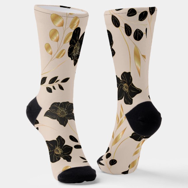 Beige socks with black and gold floral patterns  (Angled)