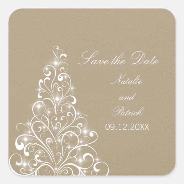 Beige Sparkly Holiday Tree Save the Date Stickers (Front)