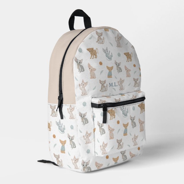 Beige Sphynx Cat Pattern Custom Monogram Kids Printed Backpack (Back Corner Left)