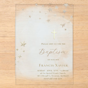 beige stars on pastel blue cloud Baptism Acrylic Invitations
