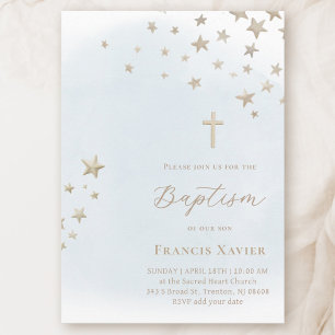 beige stars on pastel blue sky Baptism Invitation