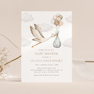 Beige Stork Delivery Gender Neutral Baby Shower Invitation