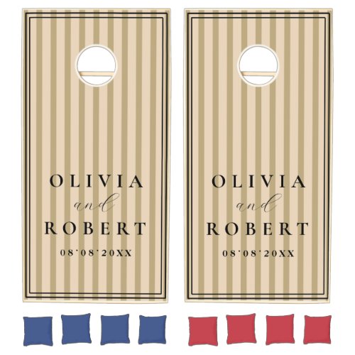 Beige Stripe Custom Couple Names Wedding Cornhole Set