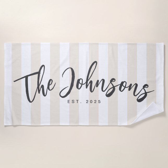 Beige Striped Beach Towel, Newlywed Gift Towel (Front)