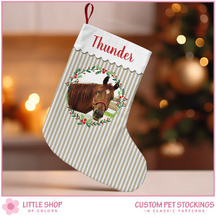 Beige Stripes Horse Monogram Photo Customizable Small Christmas Stocking