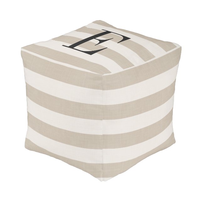Beige Stripes Large Monogram | Farmhouse Decor Pouf (Angled Front)