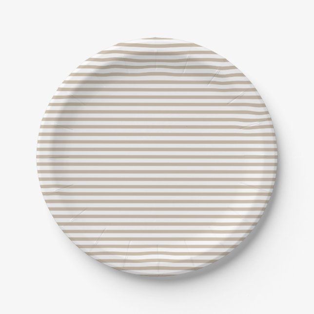 Beige stripes white background pattern party paper plates (Front)