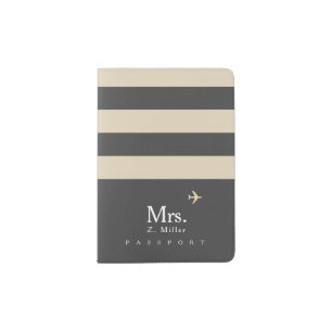 beige stripes with Mrs. name on gray Passport Holder