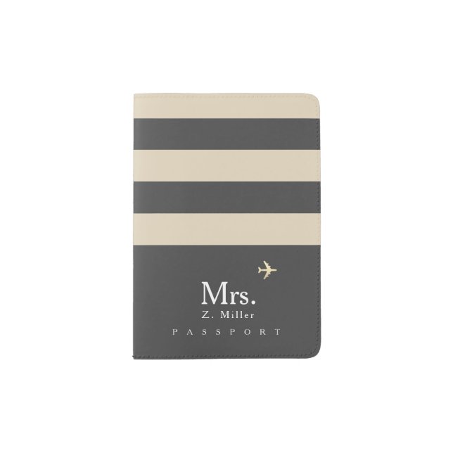 beige stripes with Mrs. name on gray Passport Holder (Front)