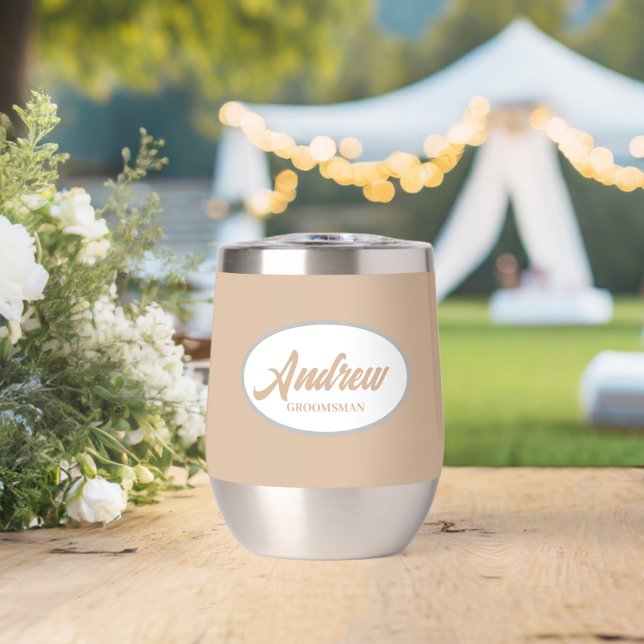 Beige Stylized Name Wedding Groomsman Thermal Wine Tumbler (Wedding (Rotated))